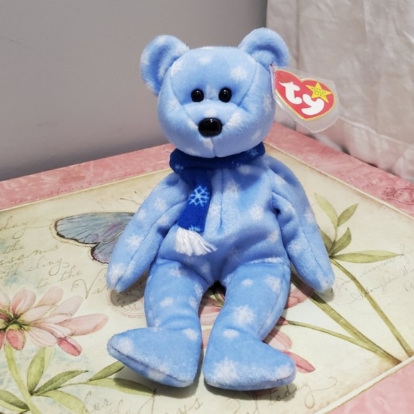 Vintage 1990's Holiday Christmas Beanie baby blue and white bear plush - Picture 2 of 4
